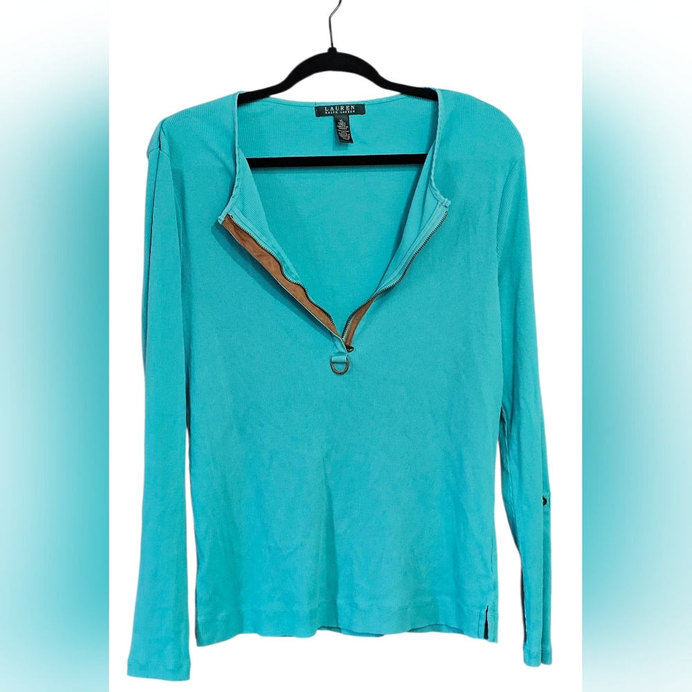 Lauren Ralph Lauren Women's Crew Neck Sleeve 100% Cotton Ribbed Teal Top Size XL